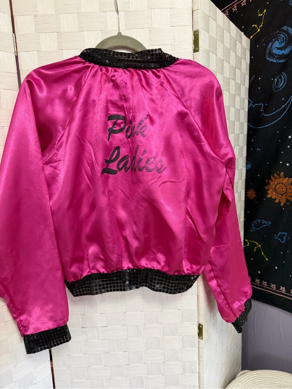 Halloween Pink Satin Bomber Jacket with Sequin Trim - Picture 2 of 6